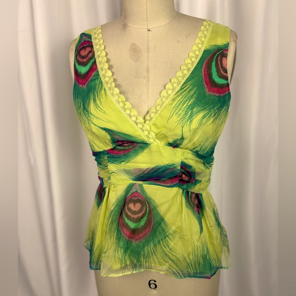 Nanette Lepore Yellow Silk Peacock Feather Blouse Tank Top Small 4